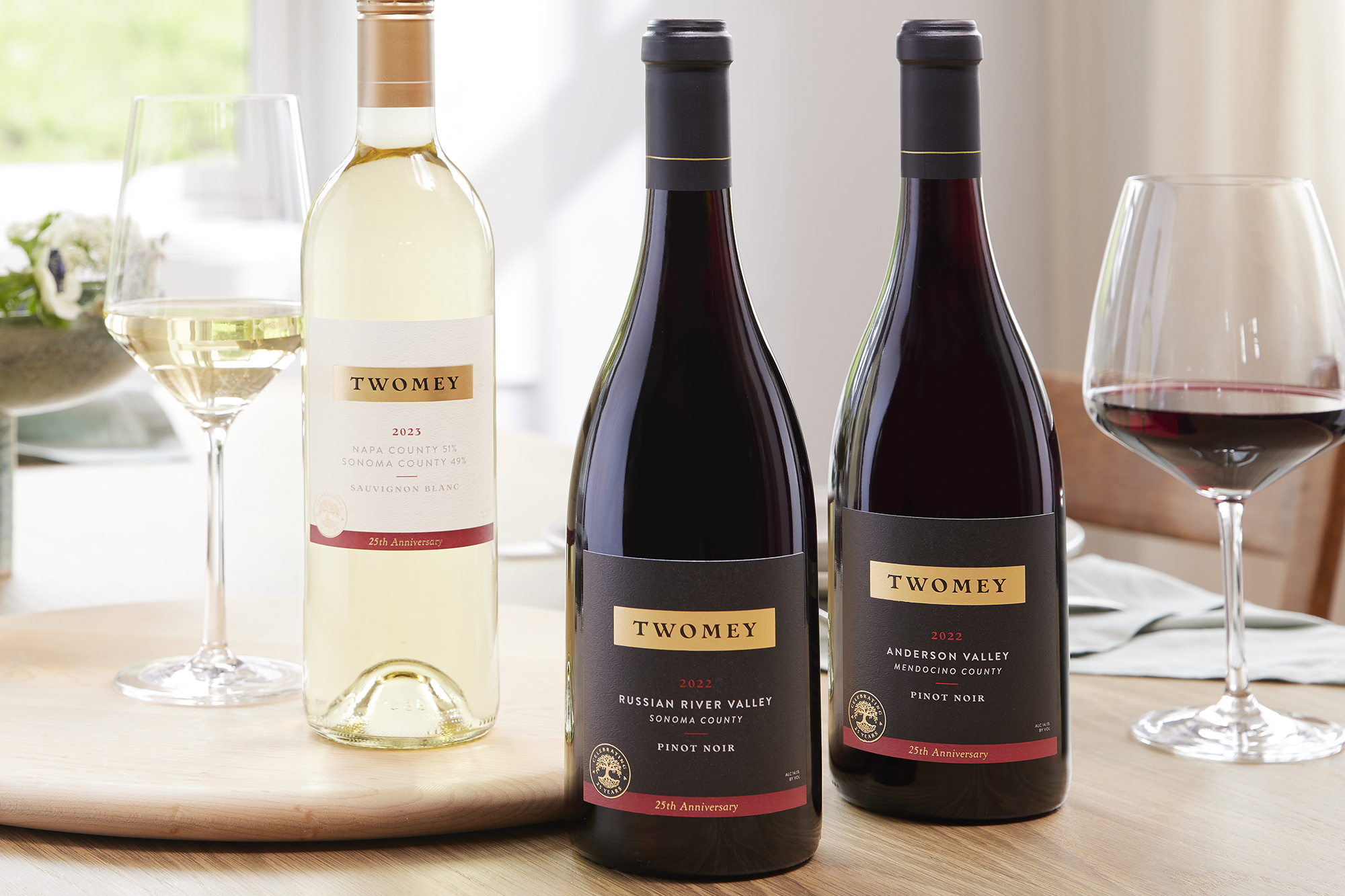 3 bottles of Twomey wine on a table