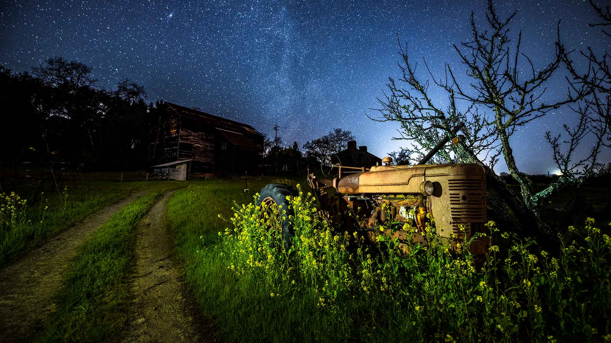 Tractor at Westpin Vineyard at night